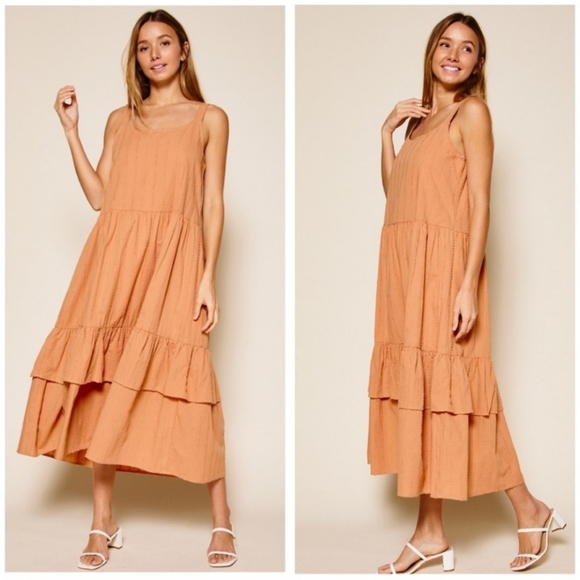 Monique Square Neck One Inch Straps Double Ruffle Midi Dress Size Medium W-640 - Picture 3 of 5